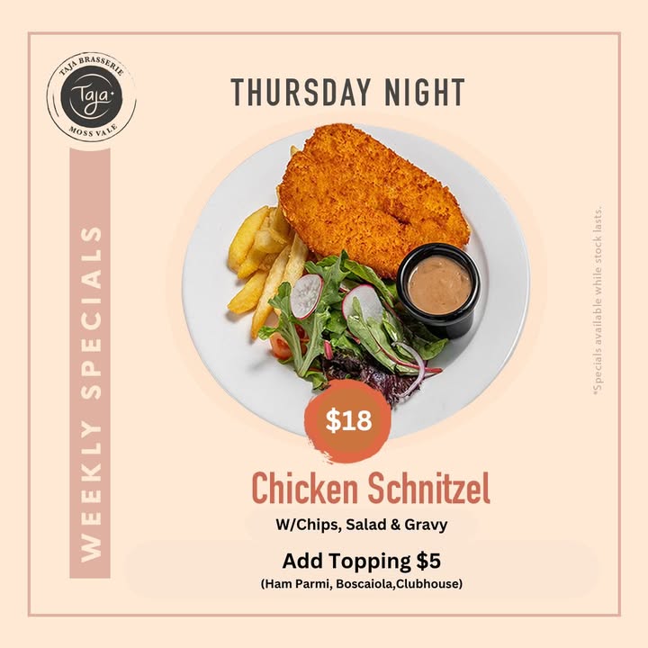 Featured image for “Thursday Schnitty Night: $18 Special at Taja Brasserie Moss Vale”