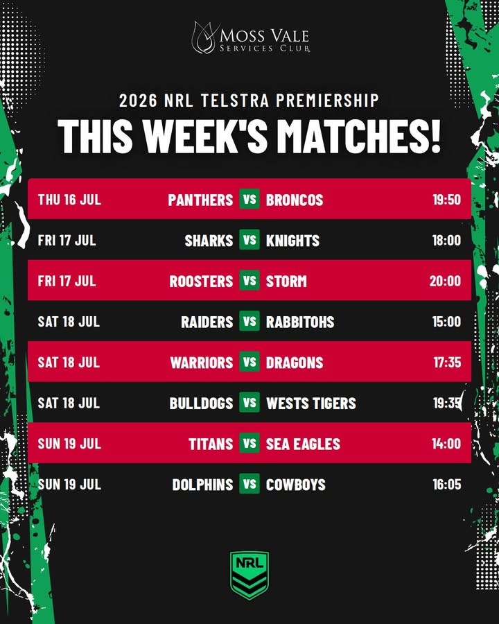 Featured image for “2026 NRL Telstra Premiership This Week’s Matches at Moss Vale Services”