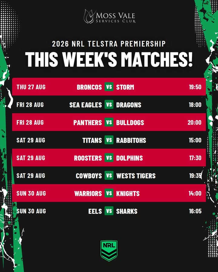 Featured image for “2026 NRL Telstra Premiership Matches This Week at Moss Vale Services”