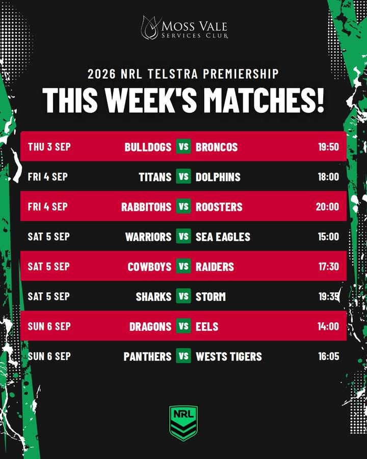 Featured image for “2026 NRL Telstra Premiership This Week’s Matches at Moss Vale Services”